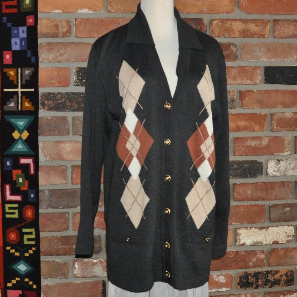 Grazia Made In Italy Wool Blend Button up Knit Sweater Grey Argyle Cardigan 12